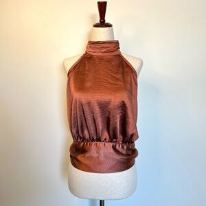 Willow & Root Brown Silky Tie-Back Halter Top Chic Glam Girly size medium